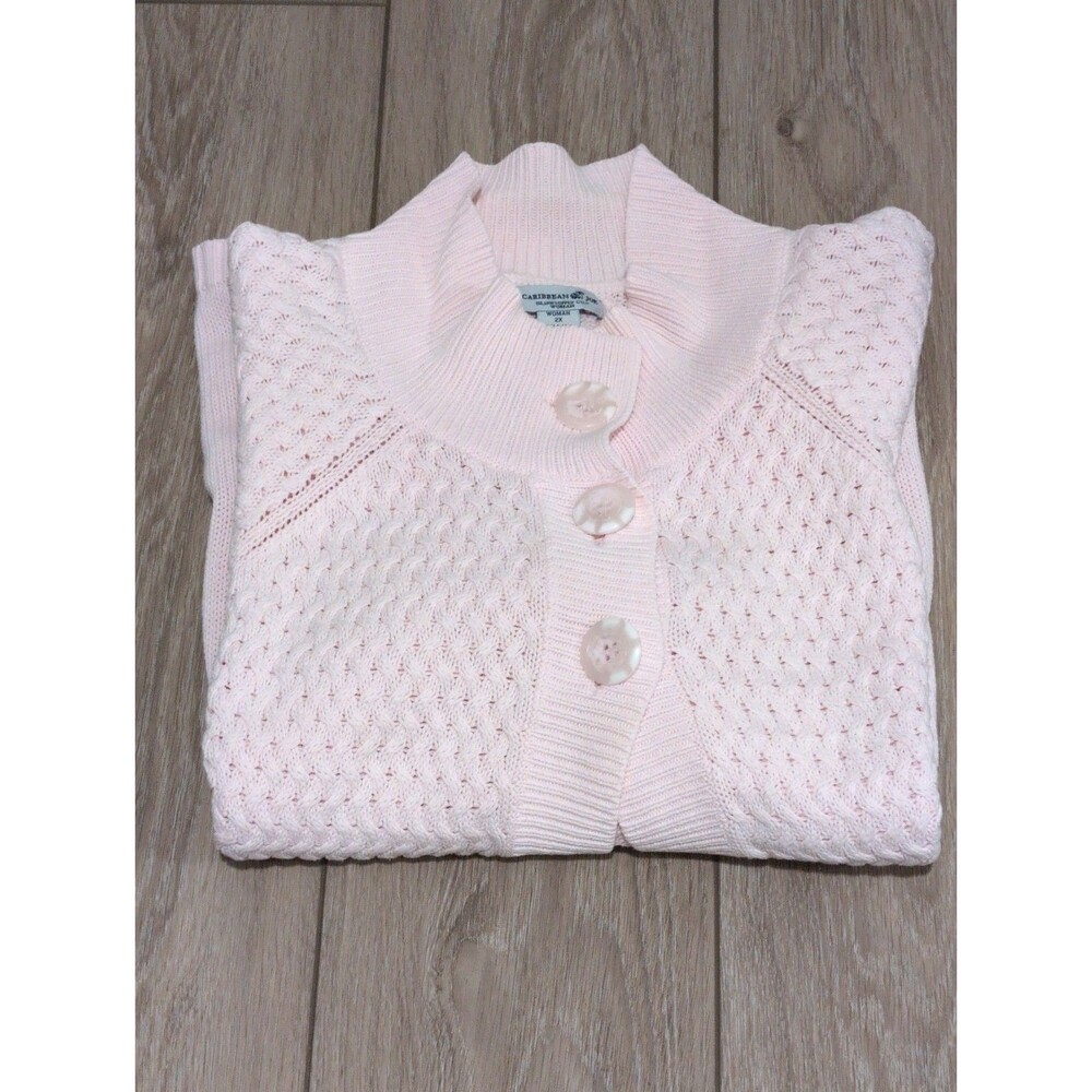 CARIBBEAN JOE CABLE KNIT CARDIGAN WOMEN'S SIZE 2XL BABY PINK BUTTON UP GUC